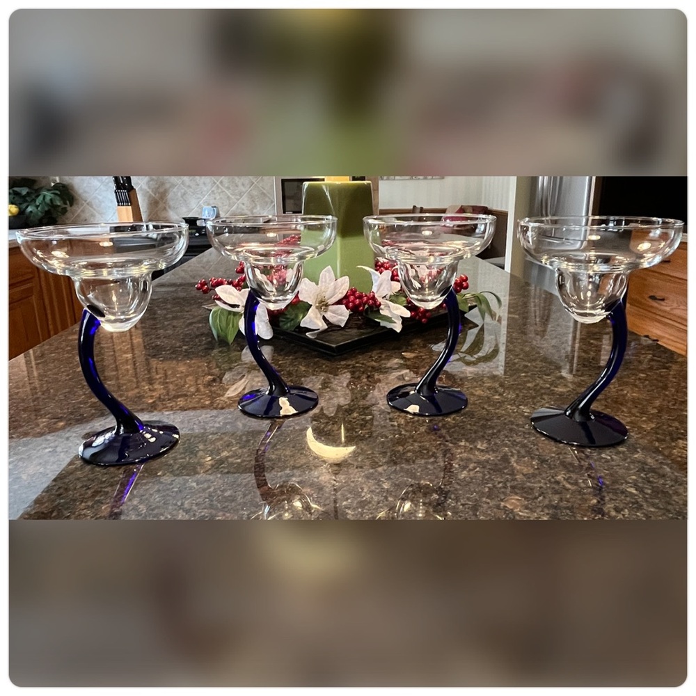 Libbey-Bravura-Cobalt Blue Curved Stem Margarita Glass Set Of Four.